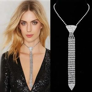 Sexy silver necktie rhinestone necklace